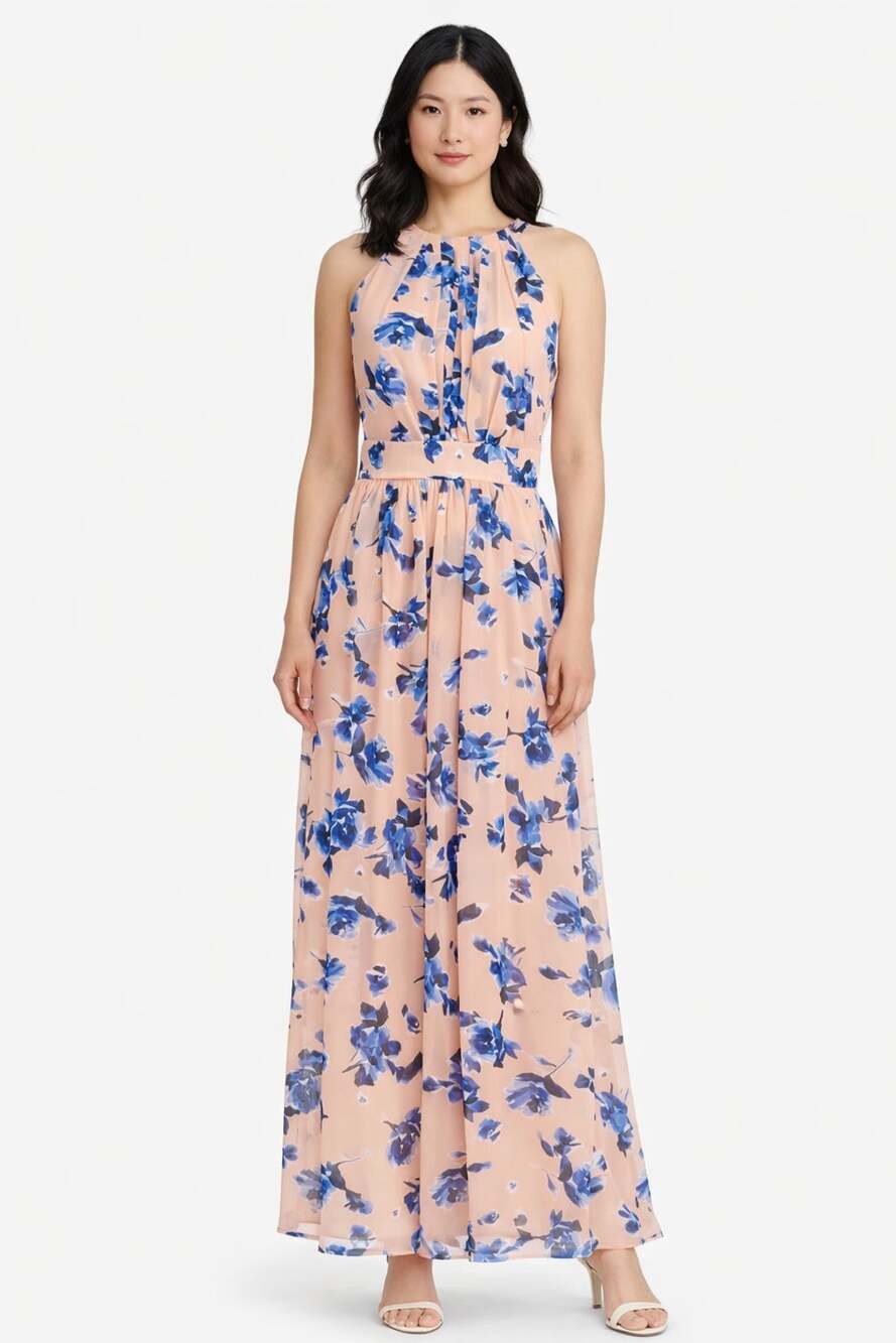 Eliza J Floral Sleeveless Halter Maxi Dress Pink Blue Womens Size 12 Evening
